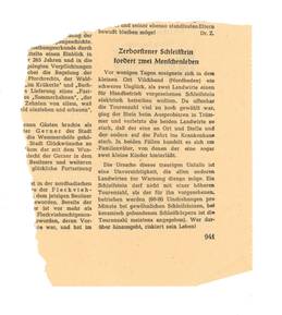 Quelle: Erzbischöfliches Archiv Freiburg, Beilagen Kirchenbücher - Busenbach, St. Katharina Zeitungsausschnitt über einen Unglücksfall in Vilchband in den 1950er Jahren